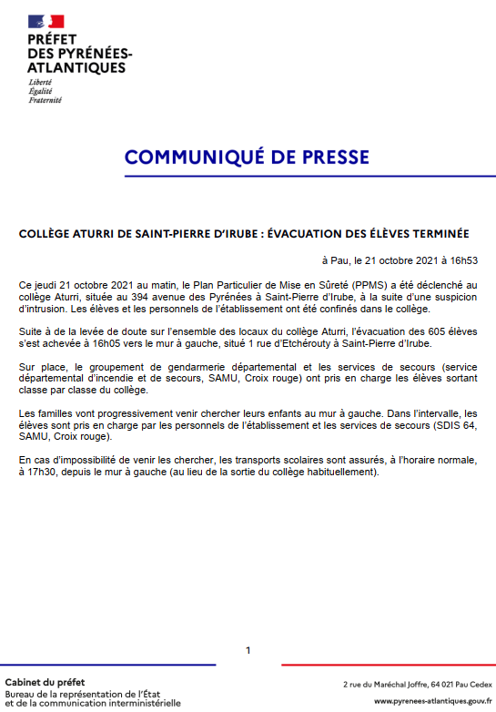 Communiqué de presse évacuation terminée