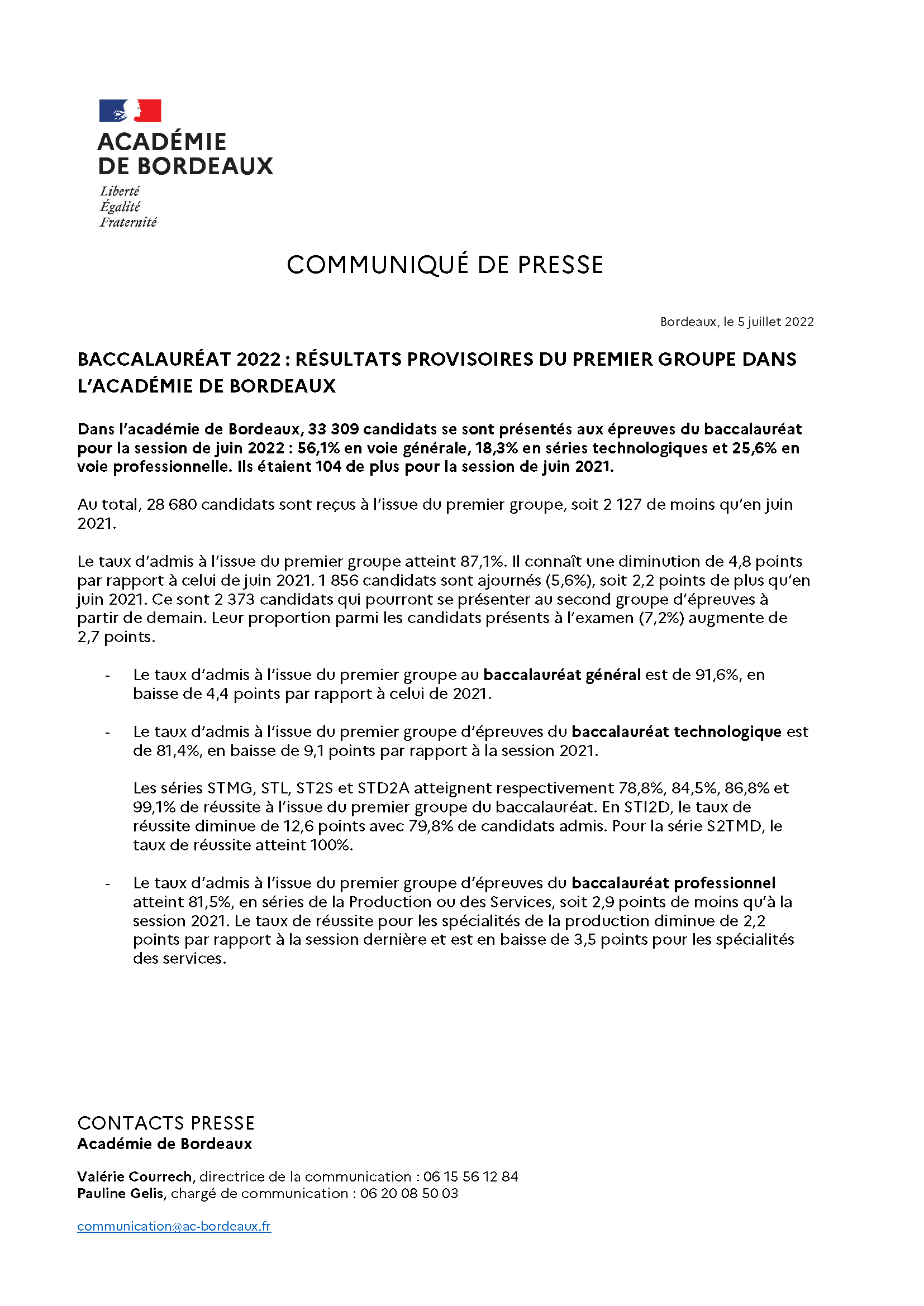 Communiqué de presse du baccalauréat 2022