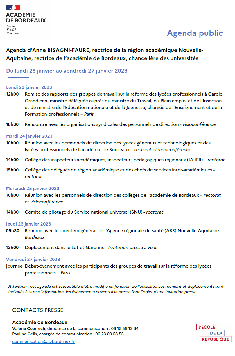 Agenda de la rectrice du 23 au 27 janvier 2023