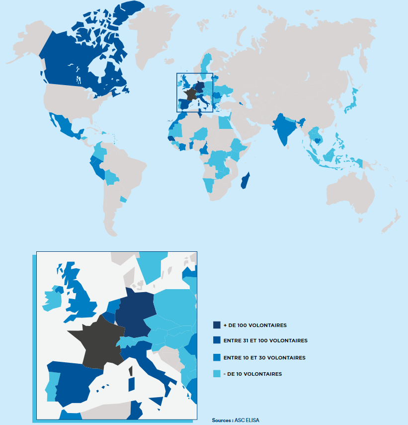 Présence des volontaires en mission de Service Civique dans le monde en 2021