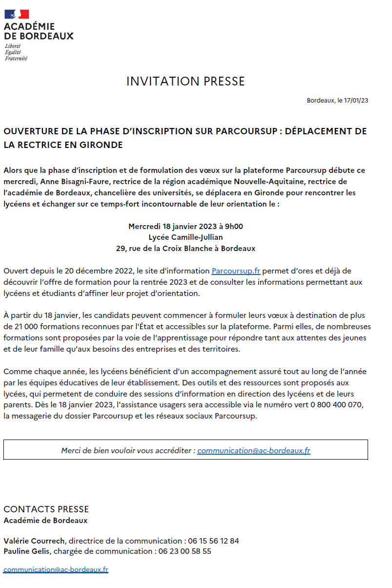 Invitation presse : déplacement de la rectrice au lycée Camille-Julian le mercredi 18 janvier 2023 pour l'ouverture de la phase d'inscription Parcoursup