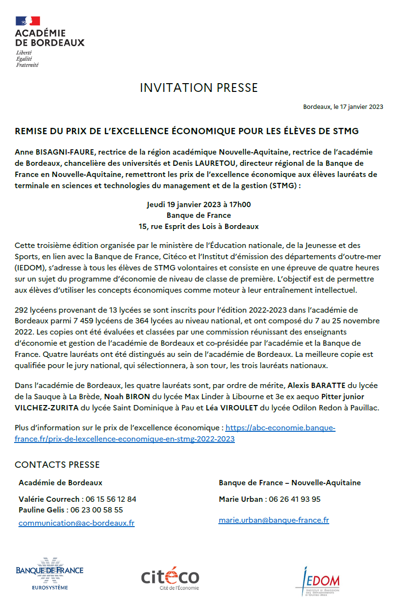 Invitation presse : remise du prix de l'excellence économique le jeudi 19 janvier à la Banque de France aux élèves lauréats de  terminale en sciences et technologies du management et de la gestion (STMG)