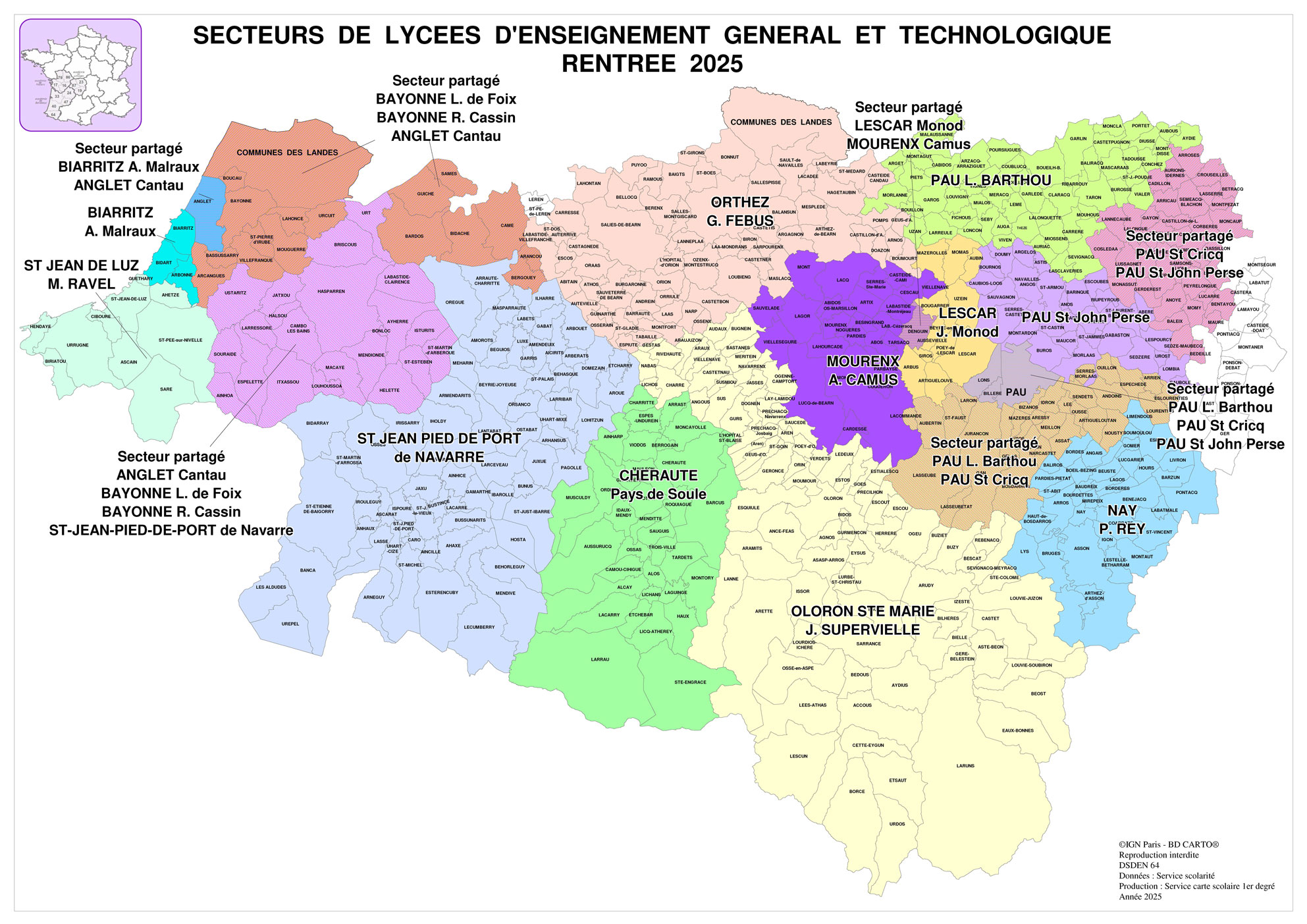 Carte secteurs de lycées du 64 RS2025
