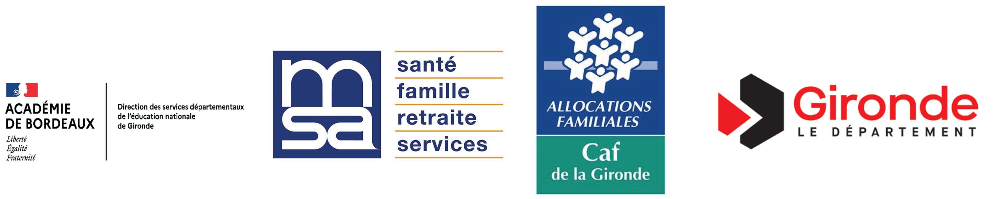 Logo Académie de Bordeaux, Logo MSA, Logo CAF, Logo Département Gironde