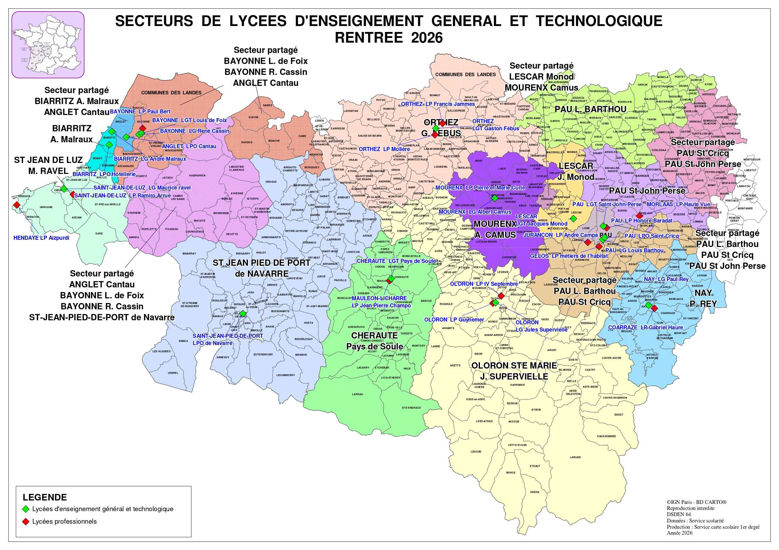 Carte secteurs de lycées du 64 RS2026