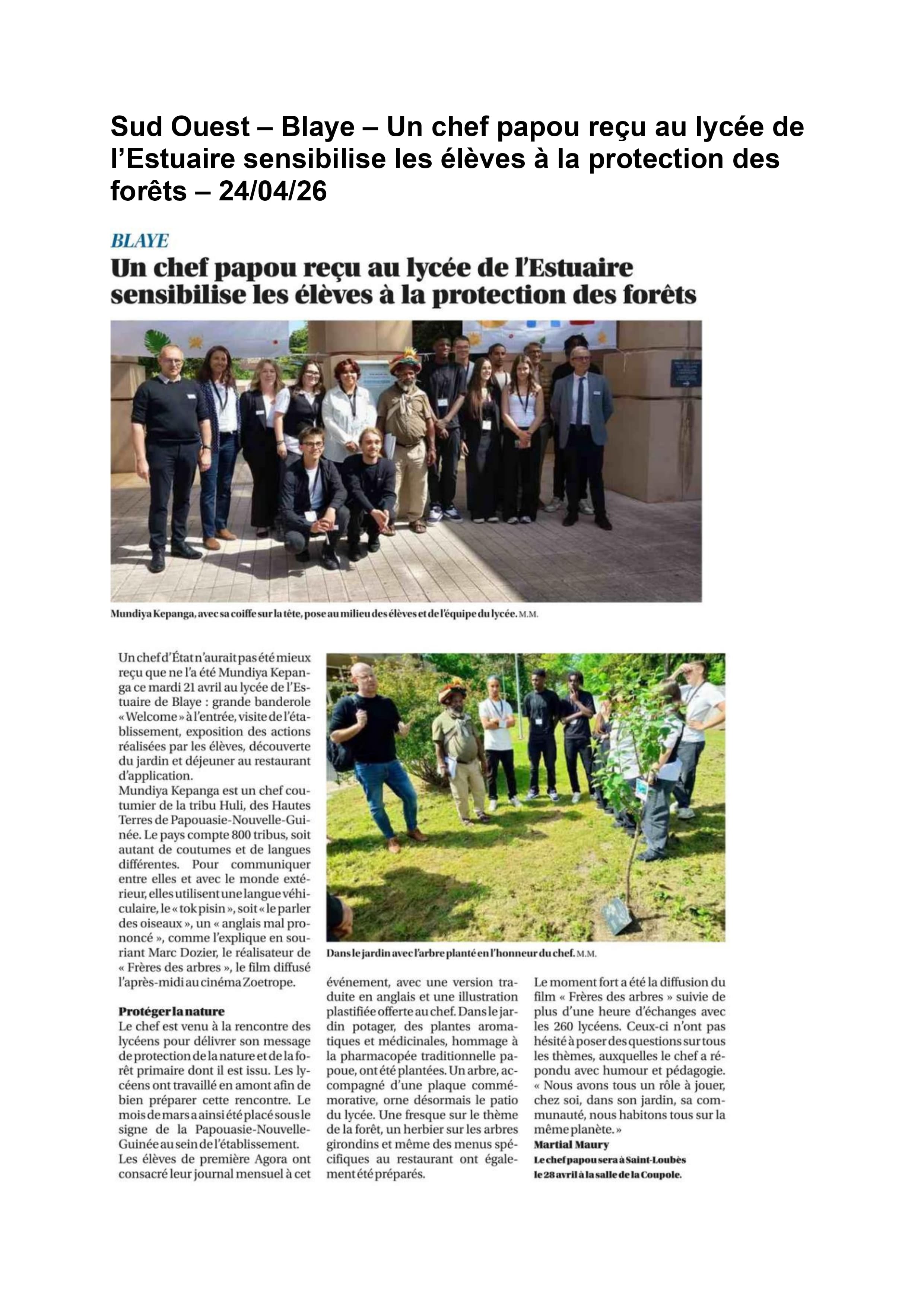 Article Sud Ouest Visite chef papou Lp Esturaire de Blaye